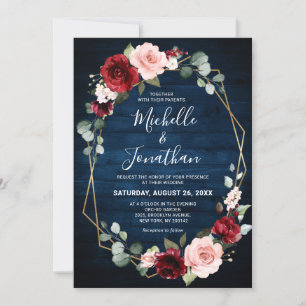 Burgundy Navy Blush Floral Geometric Wedding Invitation