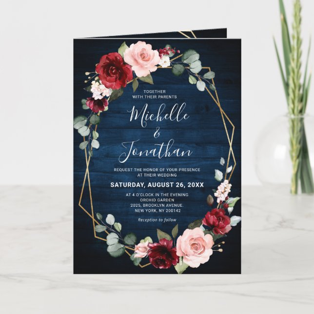 Burgundy Navy Blush Floral Geometric Wedding Invitation (Front)