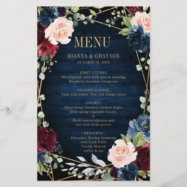 Burgundy Navy Blush Floral Geometric Wedding Menu (Front)