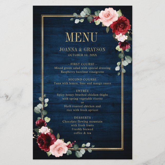 Burgundy Navy Blush Floral Geometric Wedding Menu (Front)
