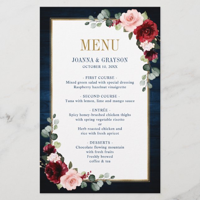 Burgundy Navy Blush Floral Geometric Wedding Menu (Front)