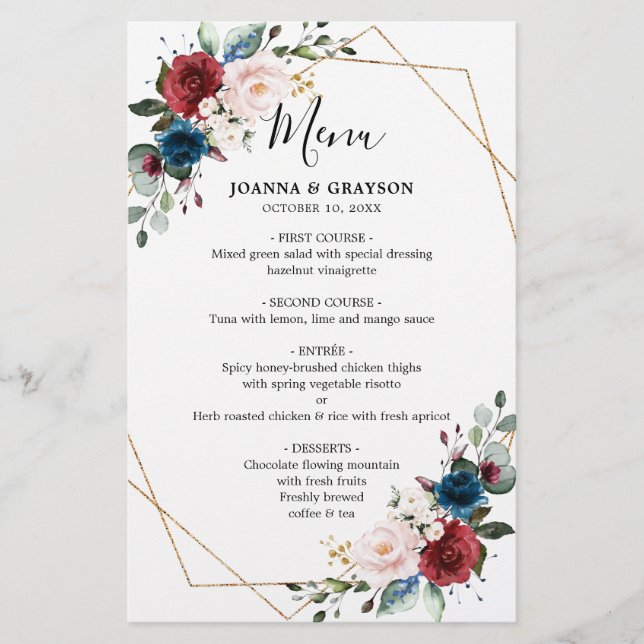 Burgundy Navy Blush Floral Geometric Wedding Menu (Front)