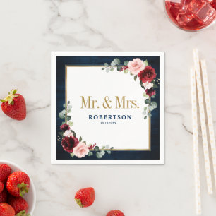 Burgundy Navy Blush Floral Geometric Wedding Napki Napkin