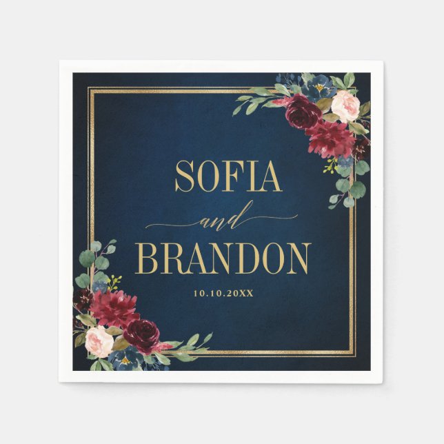 Burgundy Navy Blush Floral Geometric Wedding Napki Napkin (Front)