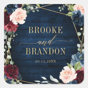 Burgundy Navy Blush Floral Geometric Wedding Square Sticker