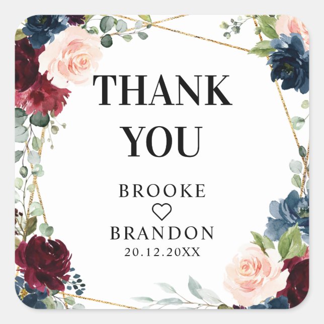 Burgundy Navy Blush Floral Geometric Wedding Square Sticker (Front)