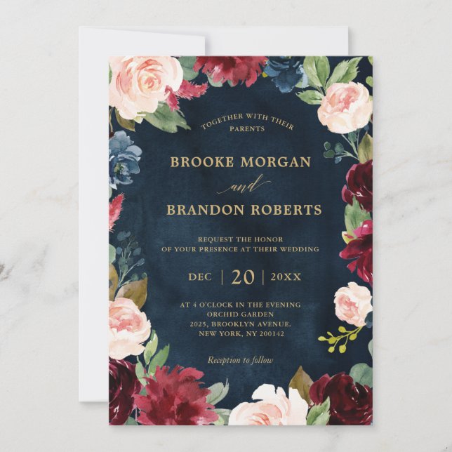 Burgundy Navy Blush Floral Gold Botanical Wedding Invitation (Front)