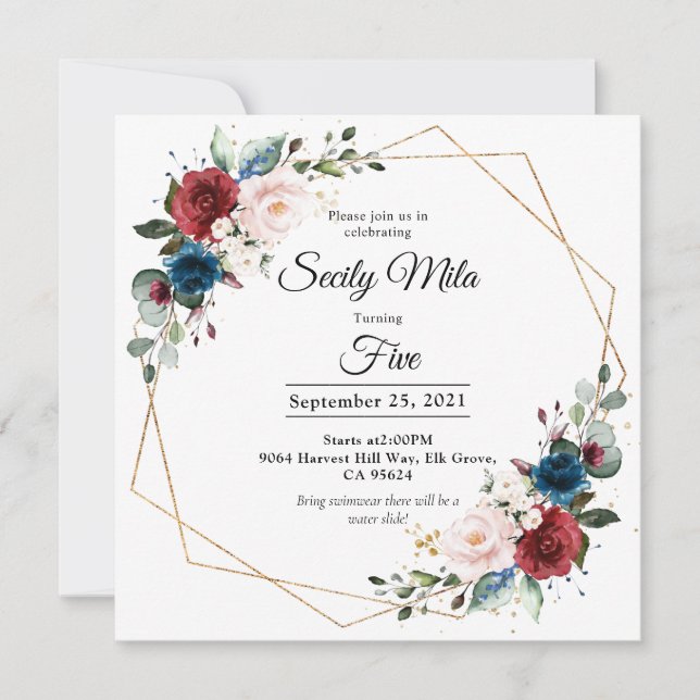 Burgundy Navy Blush Floral Gold Geometric Birthday Invitation (Front)