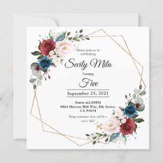 Burgundy Navy Blush Floral Gold Geometric Birthday Invitation
