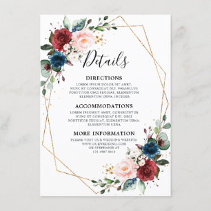 Burgundy Navy Blush Floral Gold Geometric Wedding Enclosure Card