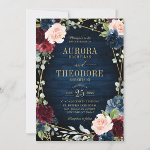 Burgundy Navy Blush Floral Gold Geometric Wedding Invitation