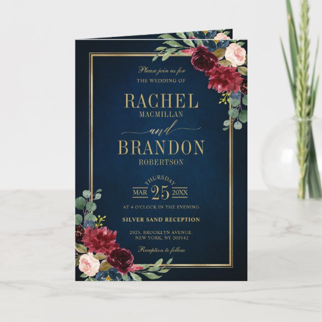 Burgundy Navy Blush Floral Gold Geometric Wedding Invitation (Front)