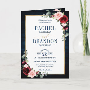 Burgundy Navy Blush Floral Gold Geometric Wedding  Invitation
