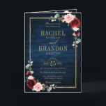 Burgundy Navy Blush Floral Gold Geometric Wedding  Invitation<br><div class="desc">Elegant and modern romantic geometric watercolor floral wedding invitation card with details and RSVP details features a beautiful burgundy / marsala , blush pink, peach , navy blue watercolor roses with matching foliage on navy blue rustic wood background and gold frame. Perfect for a fall / midsummer wedding. Please find...</div>