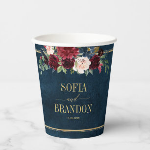 Burgundy Navy Blush Floral Gold Geometric Wedding Paper Cups