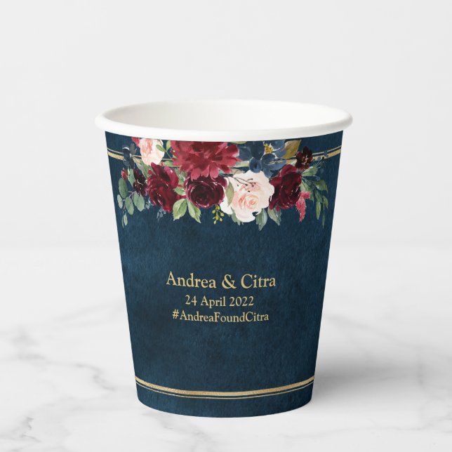 Burgundy Navy Blush Floral Gold Geometric Wedding  Paper Cups (Front)