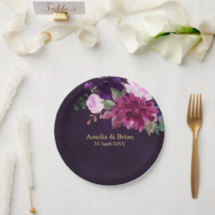 Burgundy Navy Blush Floral Gold Geometric Wedding Paper Plate