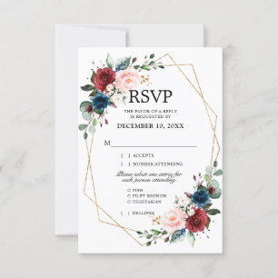 Burgundy Navy Blush Floral Gold Geometric Wedding RSVP Card