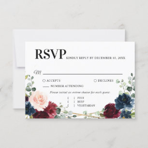 Burgundy Navy Blush Floral Gold Geometric Wedding RSVP Card