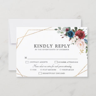 Burgundy Navy Blush Floral Gold Geometric Wedding RSVP Card