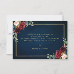 Burgundy Navy Blush Floral Gold Geometric Wedding Thank You Card