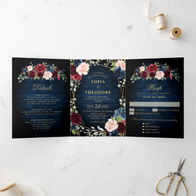Burgundy Navy Blush Floral Gold Geometric Wedding Tri-Fold Announcement (Inside)