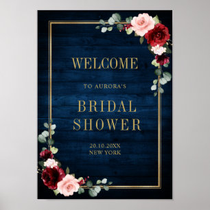 Burgundy Navy Blush Floral Gold Geometric Welcome  Poster