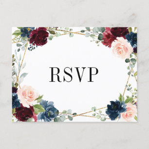 Burgundy Navy Blush Floral Gold RSVP Postcard