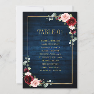 Burgundy Navy Blush Floral Gold Seating Chart Card