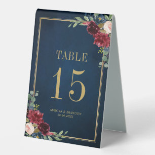 Burgundy Navy Blush Floral Gold Table number