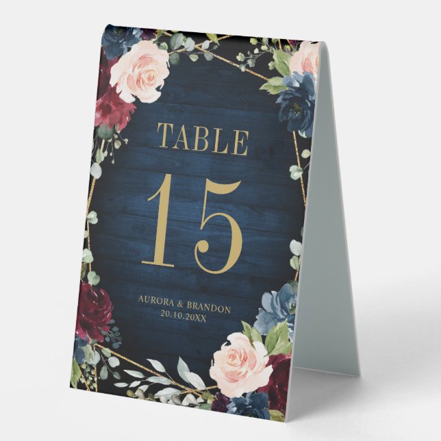 Burgundy Navy Blush Floral Gold Table number (Front)