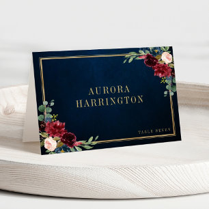 Burgundy Navy Blush Floral Gold Wedding Place Card