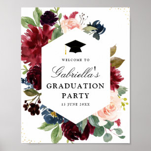 Burgundy navy & blush floral graduation party sign