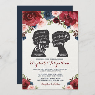 Burgundy Navy Blush Floral Pride Prejudice Wedding Invitation