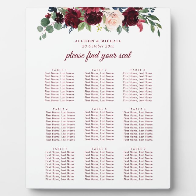 burgundy navy blush floral seating chart plaque (Front)