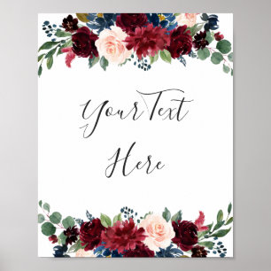 Burgundy Navy Blush Floral Watercolor Custom Poster