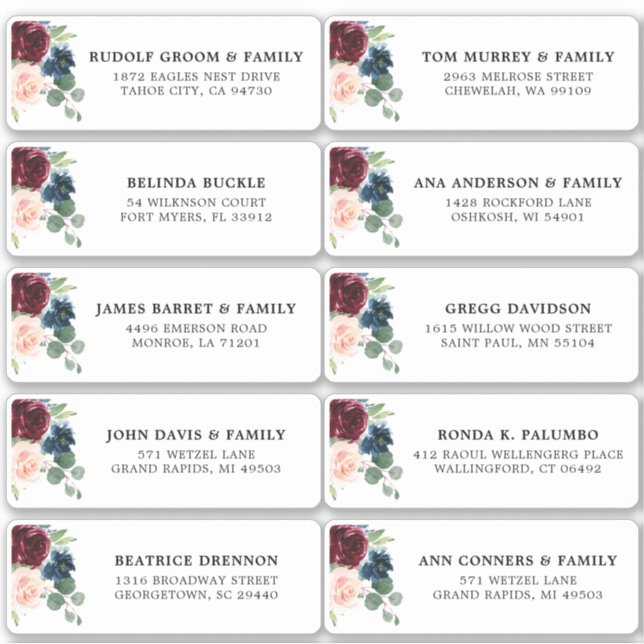 Burgundy Navy Blush Floral Wedding Guest Address (Front)