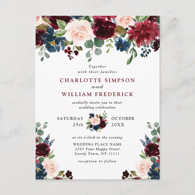 Burgundy Navy Blush Floral Wedding Invitations (Front)