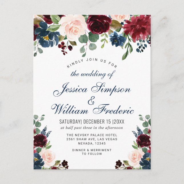 Burgundy Navy Blush Floral Wedding Invitations (Front)