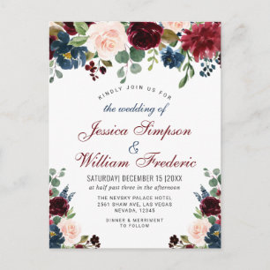 Burgundy Navy Blush Floral Wedding Invitations