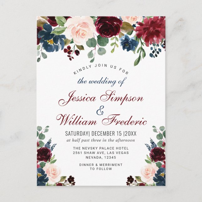 Burgundy Navy Blush Floral Wedding Invitations (Front)