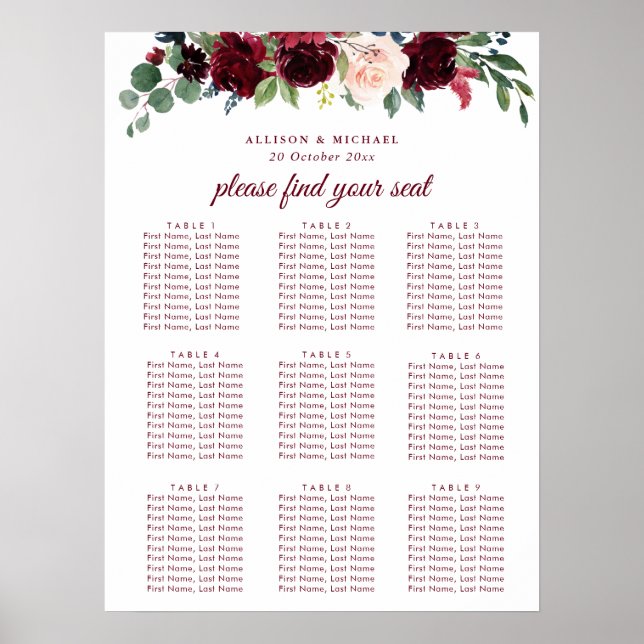 burgundy navy blush floral wedding seating chart (Front)
