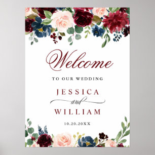 Burgundy Navy Blush Floral Wedding Welcome Poster