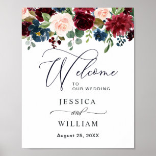 Burgundy Navy Blush Floral Wedding Welcome Poster