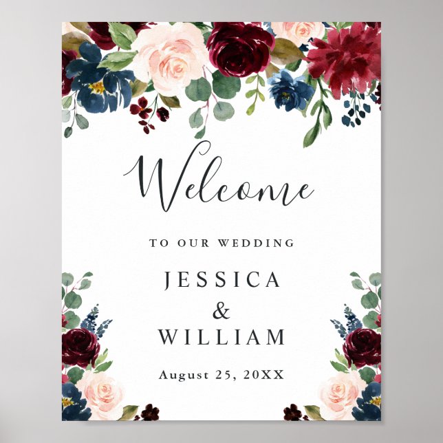 Burgundy Navy Blush Floral Wedding Welcome Poster (Front)