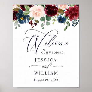 Burgundy Navy Blush Floral Wedding Welcome Poster