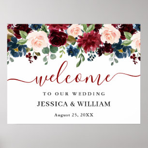 Burgundy Navy Blush Floral Wedding Welcome Sign