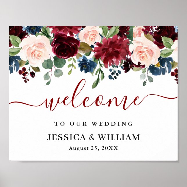 Burgundy Navy Blush Floral Wedding Welcome Sign (Front)