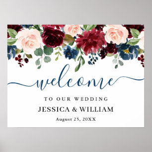 Burgundy Navy Blush Floral Wedding Welcome Sign