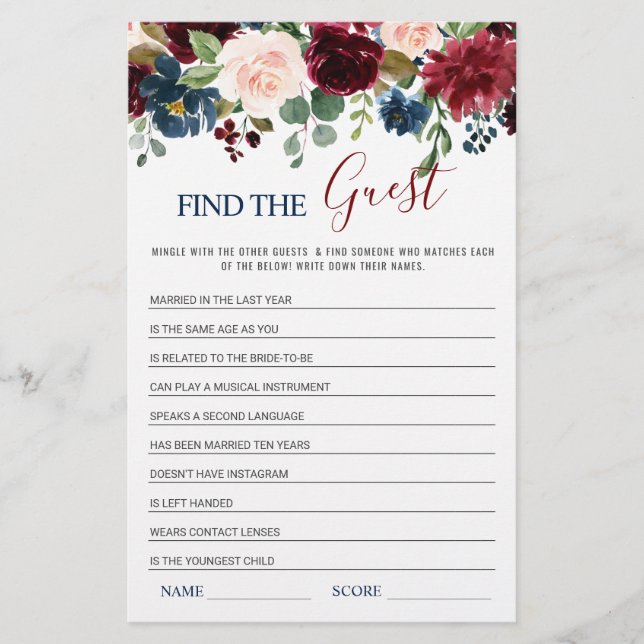 Burgundy Navy Blush Flowers Bridal Shower Games (Front)